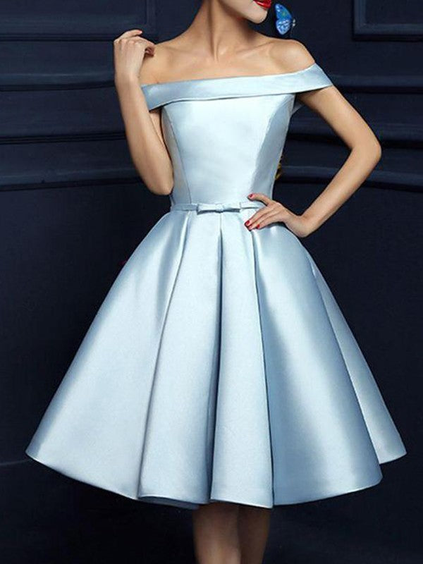 Wholesale A-Line/Princess Satin Off-the-Shoulder Bowknot Sleeveless Knee-Length Dresses